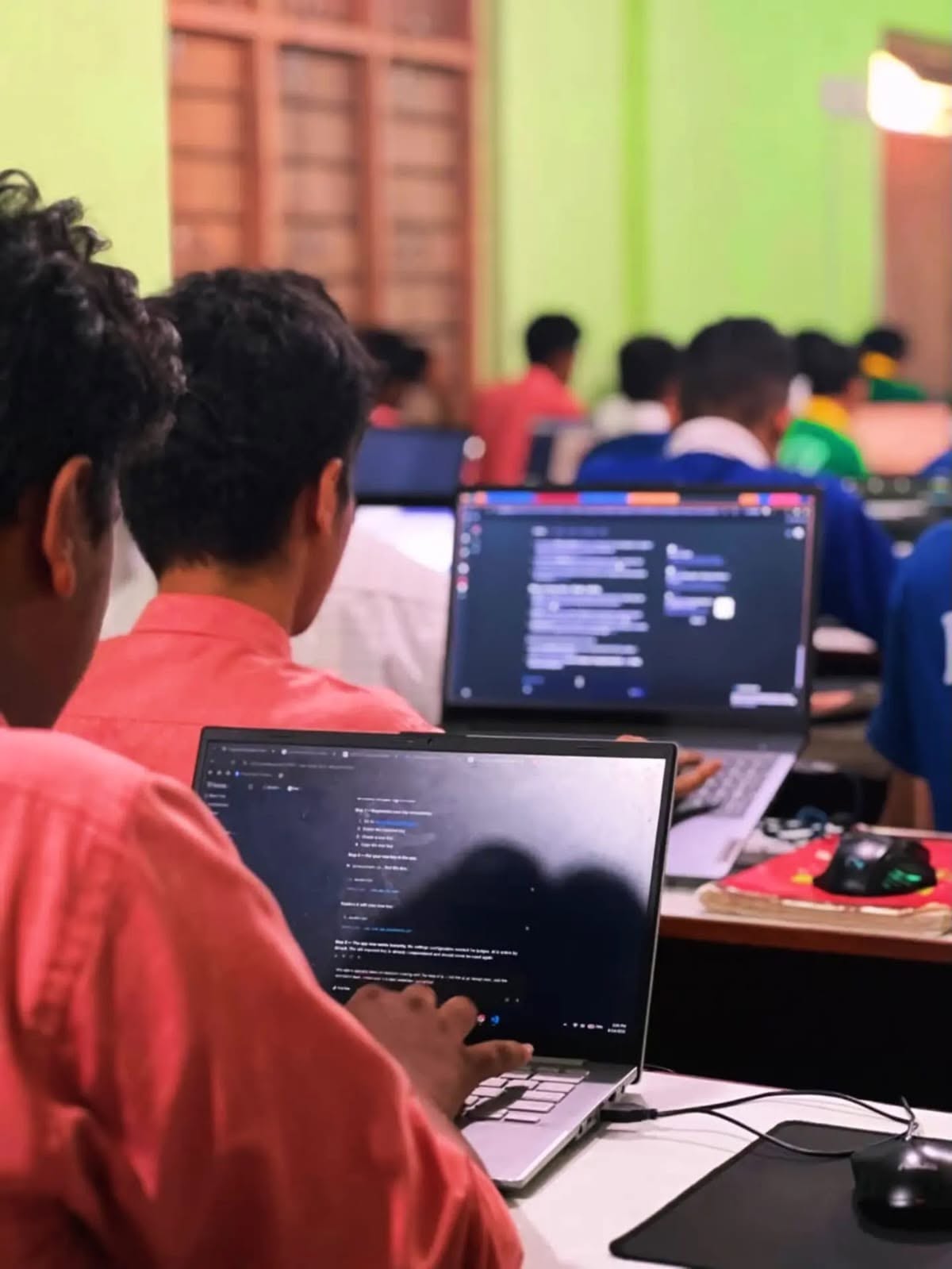 Students coding with laptops